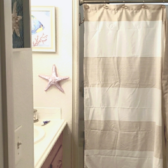 Coastal beige and white striped shower curtain with fringe - Picture 2 of 7
